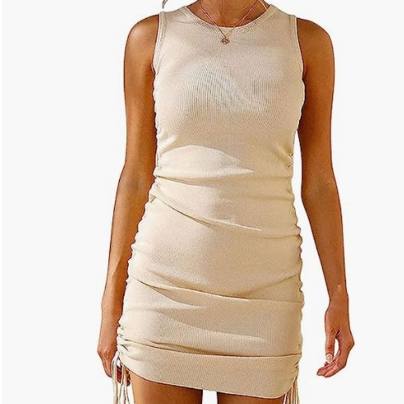 Sleeveless Ruched Short Mini Bodycon Dress Side Drawstring - Apricot XL - Picture 1 of 6